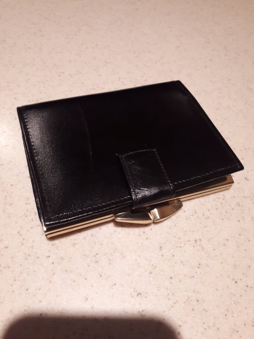 Vintage black leather women's wallet with brass. Made in Great Britain